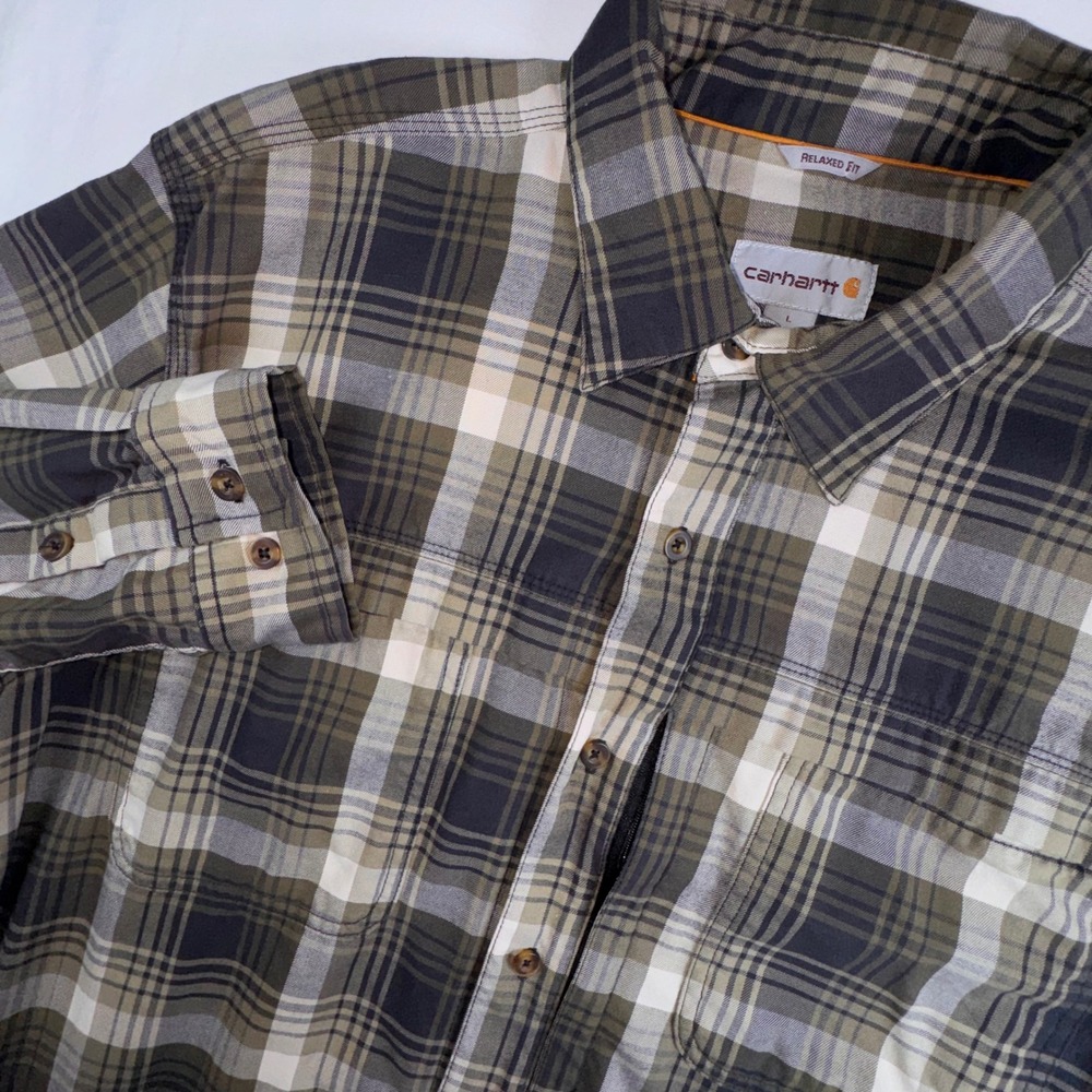 Carhartt Button Down Shirt Mens Large Olive Green Plaid Force Relaxed Fit 101289